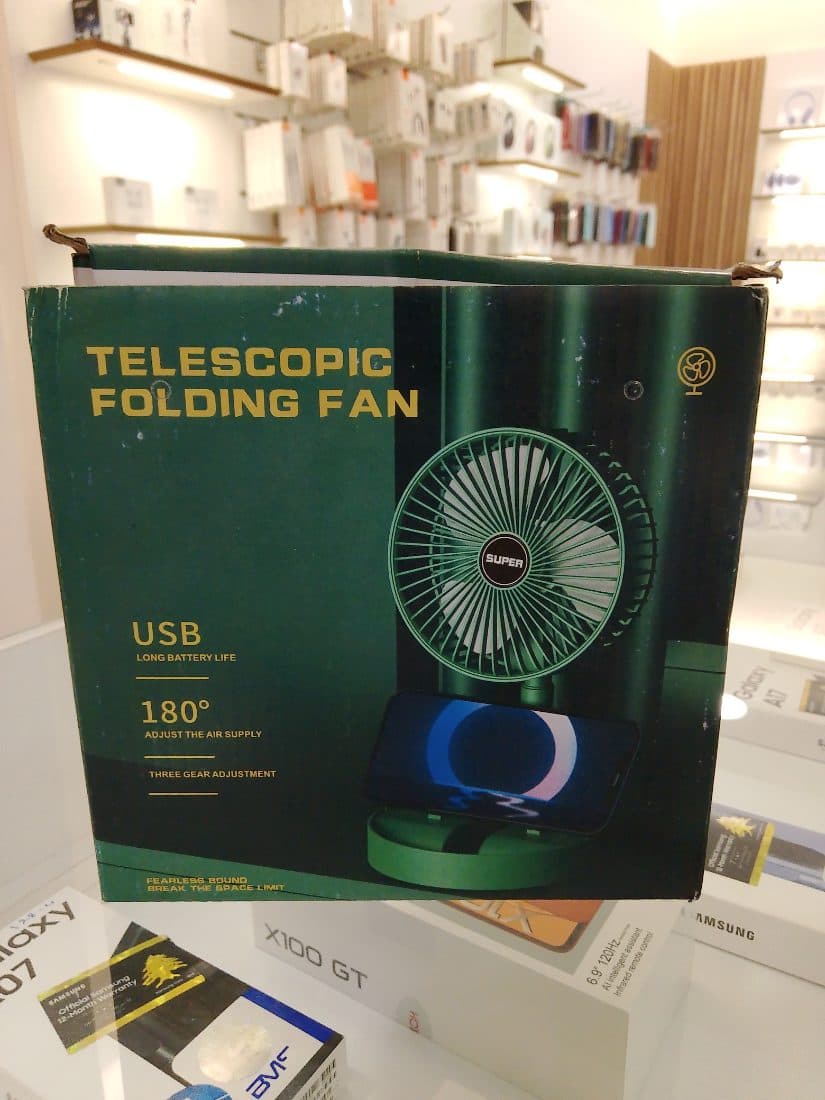 Telescopic Folding Fan with Phone Holder (USB Rechargeable, 3-Speed, 180°)